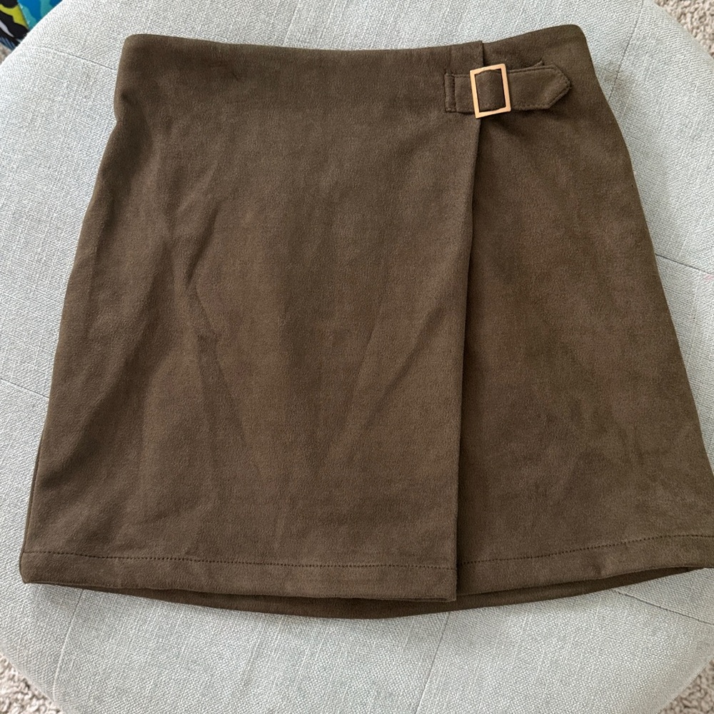 Brownish Green Mini Skirt with Buckle Detail